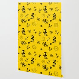 Yellow And Black Silhouettes Of Vintage Nautical Pattern Wallpaper