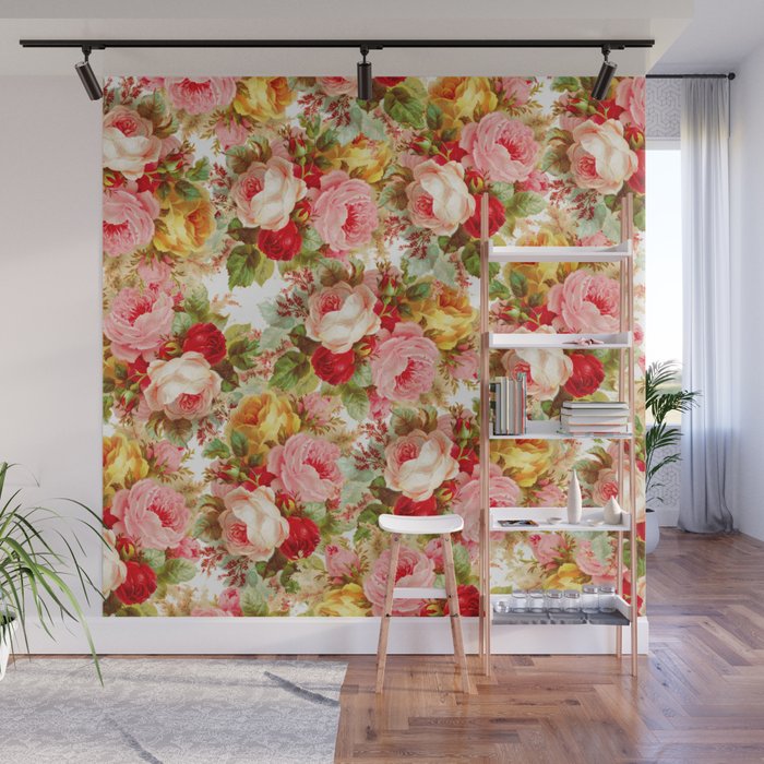 Boho Chic Pink Yellow Red Roses Floral Vintage Painting Wall Mural By Pink Water Society6