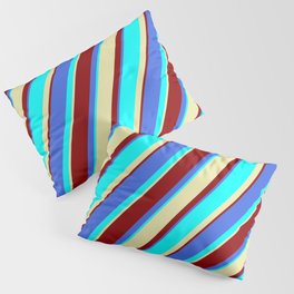 [ Thumbnail: Royal Blue, Cyan, Pale Goldenrod, and Dark Red Colored Striped Pattern Pillow Sham ]