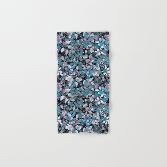 Openwork blue and purple leaves on a black background . Hand & Bath Towel