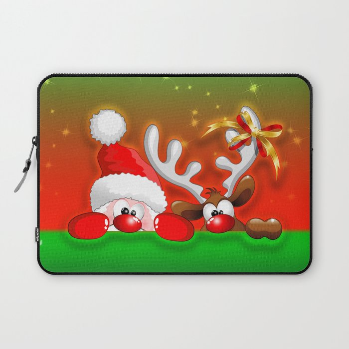 Funny Christmas Santa and Reindeer Cartoon Laptop Sleeve