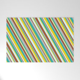 [ Thumbnail: Colorful Grey, Light Sea Green, Yellow, Light Cyan & Sienna Colored Pattern of Stripes Welcome Mat ]