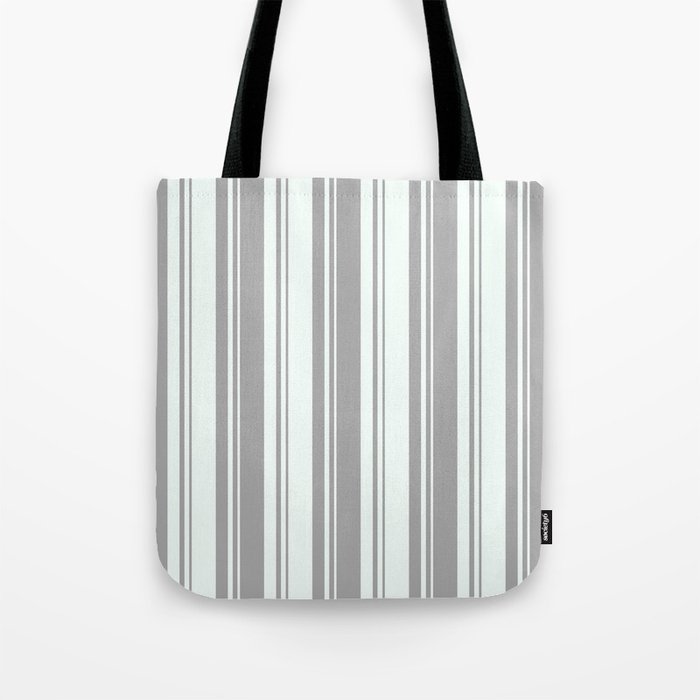 Dark Gray & Mint Cream Colored Lines Pattern Tote Bag