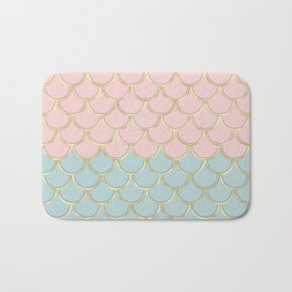 Retro Vintage Inspired 1940s Beachy Fish Scales Pattern in Pink Green and Gold Bath Mat | Scaly, Gold, Scales, Beachy, Vintageinspired, Blue, Graphicdesign, Mutedcolors, Digital, Pattern 