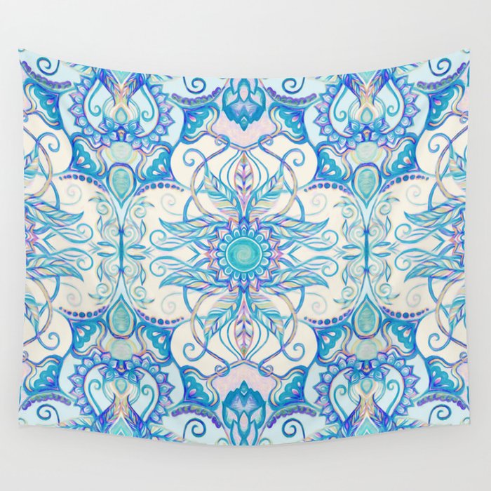Teal Blue, Pearl & Pink Floral Pattern Wall Tapestry