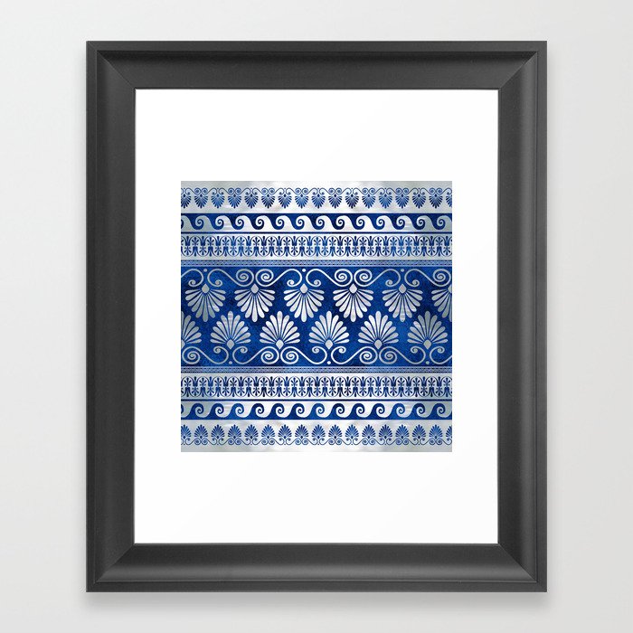 Greek Ornament with Meander Key Blue gemstone and pearl Framed Art Print