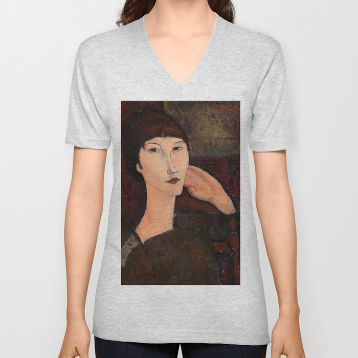 Adrienne, Woman with Bangs, 1917 by Amedeo Modigliani V Neck T Shirt
