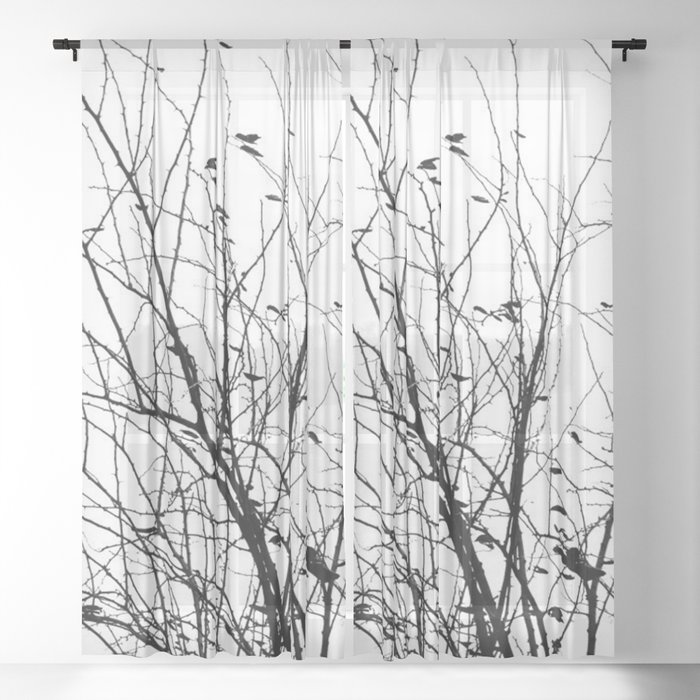 Black white tree branch bird nature pattern Sheer Curtain