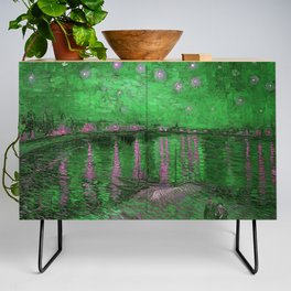 Starry Night Over the Rhone landscape painting by Vincent van Gogh in alternate emerald green with pink stars Credenza