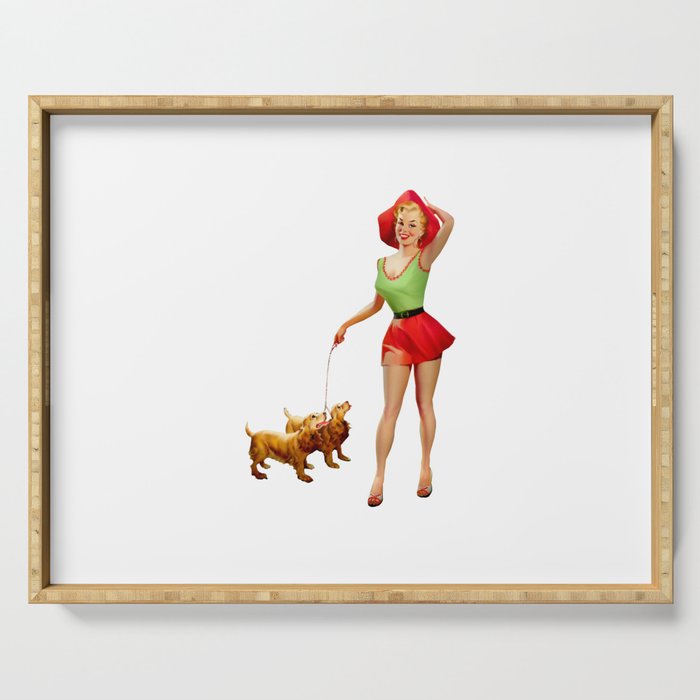 Sexy Blonde Pin Up With Green Dress Red Skirt And Two Dogs Serving Tray