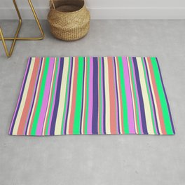 [ Thumbnail: Vibrant Light Coral, Green, Violet, Dark Slate Blue, and Light Yellow Colored Pattern of Stripes Rug ]