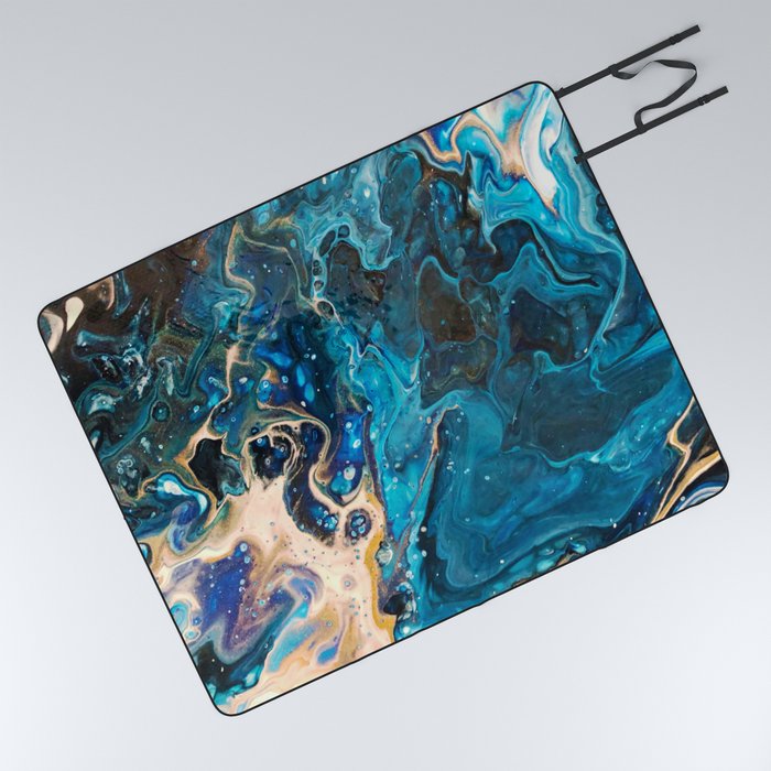 Midnight Blue + Molten Gold Abstract Fluid Marble Painting Picnic Blanket