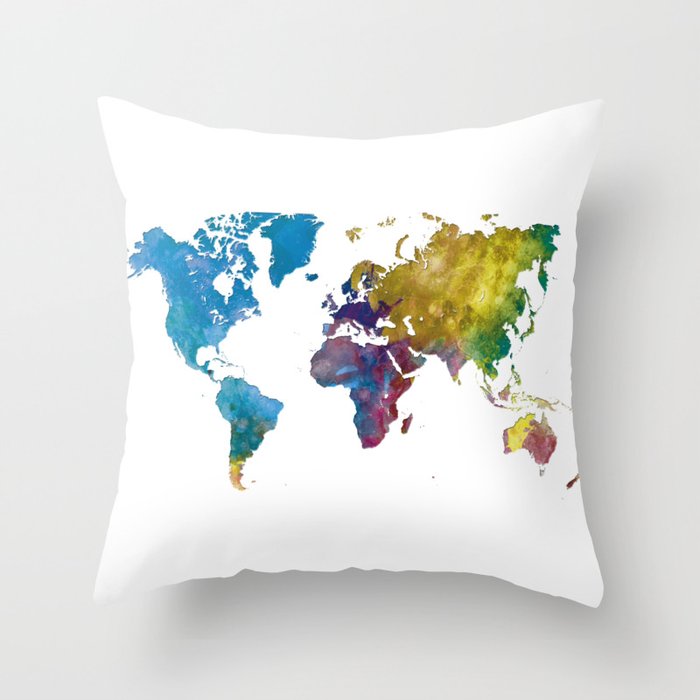 world map in watercolor-multicolor Throw Pillow