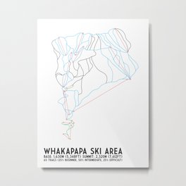 Whakapapa Skifield, New Zealand - Minimalist Trail Art Metal Print | Abstract, Vintage, Graphic Design, Illustration 