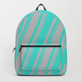[ Thumbnail: Turquoise and Grey Colored Stripes Pattern Backpack ]