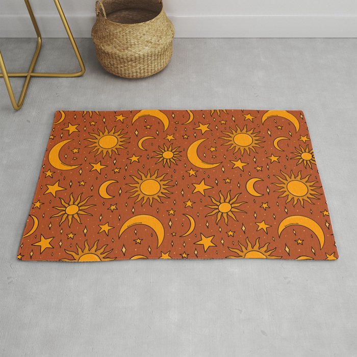 Vintage Sun and Star Print in Rust Rug