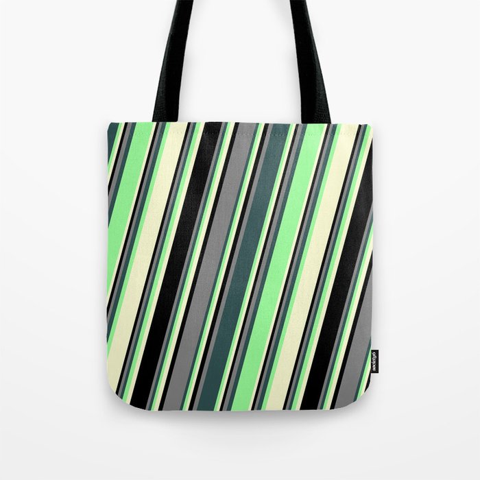 Colorful Grey, Dark Slate Gray, Green, Light Yellow, and Black Colored Striped Pattern Tote Bag