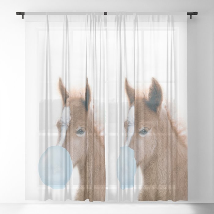 Baby Foal Blowing Blue Bubble Gum, Baby Boy, Kids, Nursery, Baby Animals Art Print by Synplus Sheer Curtain