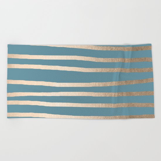 Abstract Drawn Stripes Gold Tropical Ocean Blue Beach Towel