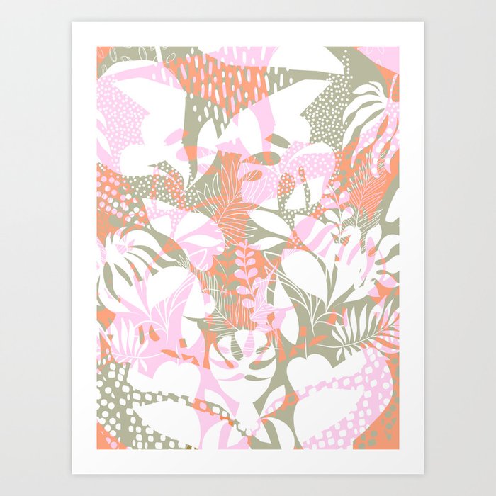 Tropical Jungle Pattern - Pink, coral and Kaki Art Print by Dominique ...