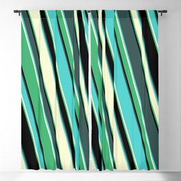 [ Thumbnail: Colorful Dark Slate Gray, Turquoise, Light Yellow, Sea Green, and Black Colored Lined Pattern Blackout Curtain ]