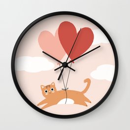 Love Is In The Air Cat Wall Clock | Cat, Nursery, Hearts, Balloons, Valentine, Love, Valentinesday, Illustration, Quirky, Clouds 