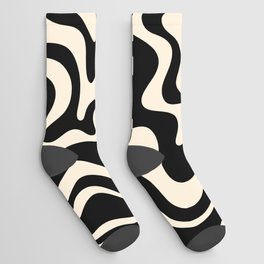 Retro Liquid Swirl Abstract in Black and Almond Cream 2 Socks | Retro, Digital, Cool, Pop Art, Kierkegaard Design, Minimalist, Black And White, Modern, Aesthetic, Maximalist 