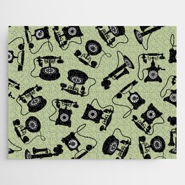 Black Vintage Rotary Dial Telephone Pattern on Sage Green Jigsaw Puzzle