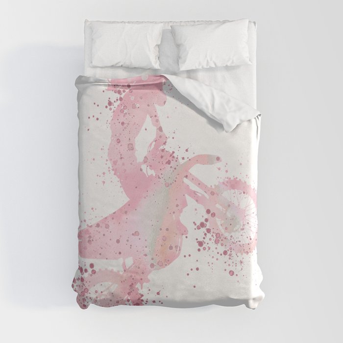 Girl Motocross Colorful Pink Watercolor Motorcycle Art Duvet Cover