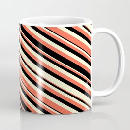 [ Thumbnail: Red, Black & Light Yellow Colored Striped Pattern Coffee Mug ]