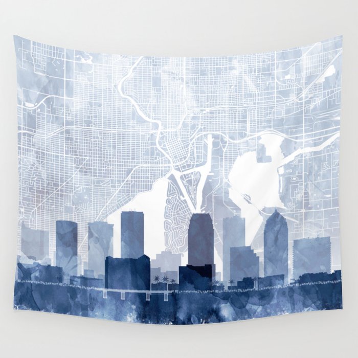 Tampa Skyline & Map Watercolor Navy Blue, Print by Zouzounio Art Wall Tapestry