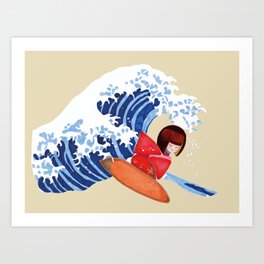 Kokeshi surfs on Hokusai wave of Kanagawa funny design Art Print