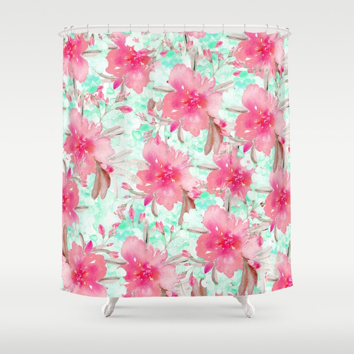 Gear New Turquoise Watercolor Floral Pattern Shower Curtain 74 x 71