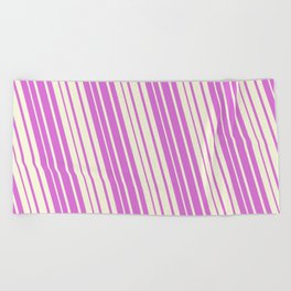 [ Thumbnail: Orchid & Beige Colored Lined/Striped Pattern Beach Towel ]