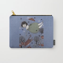 There goes the Cat Carry-All Pouch | Girl, Paper, Children, Hand Drawn, Cat, Childhood, Town, Flying, Drawing, Green 