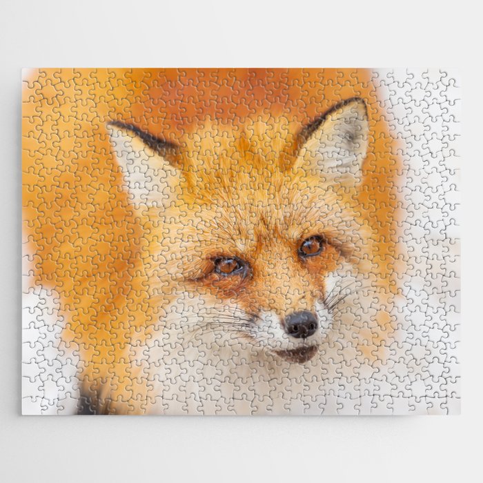Japanese red fox resting, sleeping and playing in the white snow forest background in Japan Jigsaw Puzzle