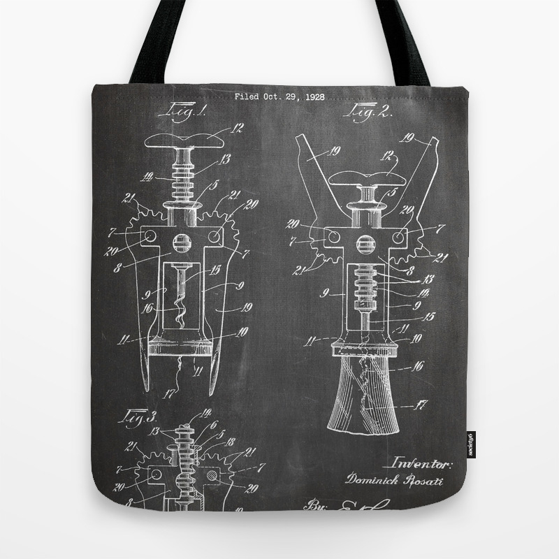 Cork Screw Patent Wine Art Black Chalkboard Tote Bag By Patentpress Society6