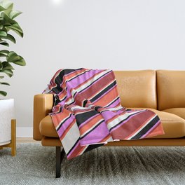 [ Thumbnail: Eye-catching Violet, Brown, Red, White & Black Colored Striped/Lined Pattern Throw Blanket ]