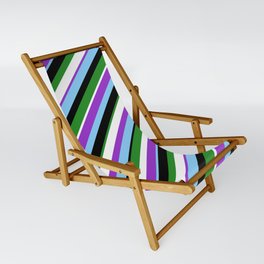 [ Thumbnail: Dark Orchid, Light Sky Blue, Black, Forest Green, and White Colored Lines Pattern Sling Chair ]