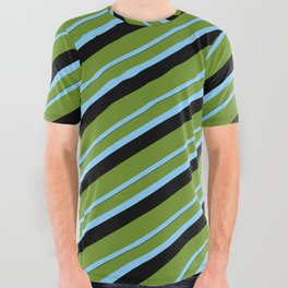 [ Thumbnail: Green, Light Sky Blue, and Black Colored Lined/Striped Pattern All Over Graphic Tee ]