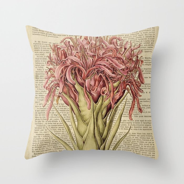 Book Art Page Pink Flower Throw Pillow