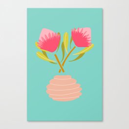 Pink proteas in blush vase on sky blue Canvas Print