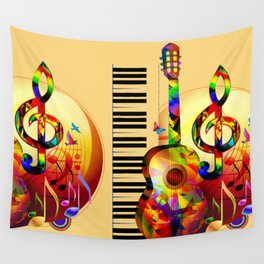 Colorful  music instruments painting, guitar, treble clef, piano, musical notes, flying birds Wall Tapestry