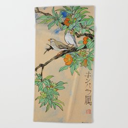 Amadina on the branch Japan Hieroglyph original artwork in japanese style J108 painting by Ksavera Beach Towel