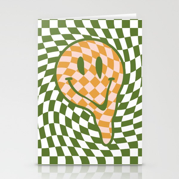 Melted Checkered Happy Faces - Gold & Green Stationery Cards