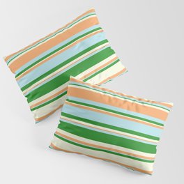 [ Thumbnail: Forest Green, Beige, Brown & Powder Blue Colored Striped Pattern Pillow Sham ]