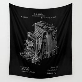 Vintage Camera Patent - White on Black Wall Tapestry