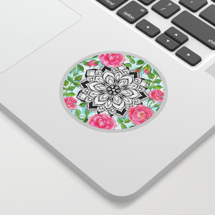 Pink Roses and Mandalas on Sky Blue Lace Sticker