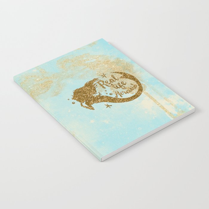 Real life Mermaid - Gold glitter lettering on aqua glittering background Notebook