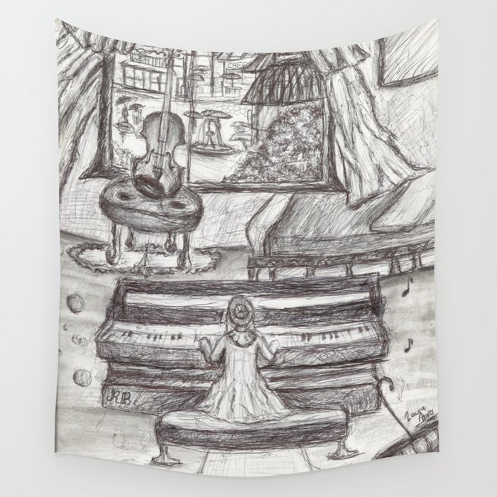 Black White Girl Playing Piano Pen Drawing Wall Tapestry By Rainbowchildcreation